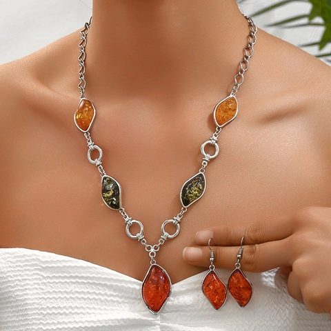 Gioielli Vintage Collana E Orecchini Resina Ambra Sintetica Lega Colorata Per Donne Forme Geometriche Cuore Rombo Stile
