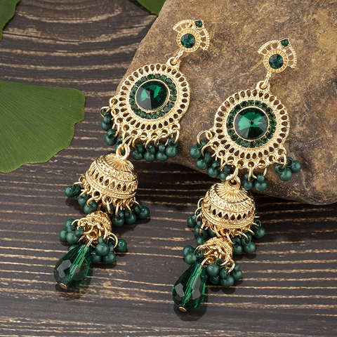 Bohemian Alloy Plastic Long Tassel Jhumka Earrings Ethnic Vintage Geometric Hollow Beaded Drop Earrings For Women Party Jewelry