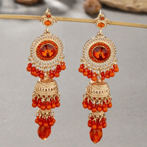 Bohemian Alloy Plastic Long Tassel Jhumka Earrings Ethnic Vintage Geometric Hollow Beaded Drop Earrings For Women Party Jewelry