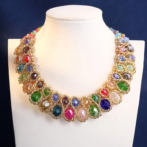 Braided Iron Alloy Statement Necklace Large Faceted Glass Beads Chunky Multi Layer Collar Fashion Jewelry For Women