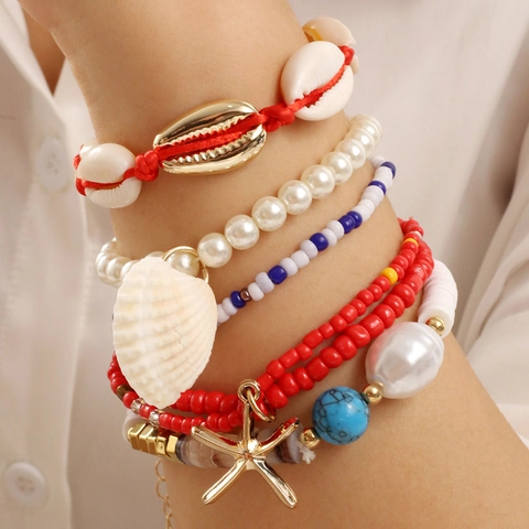 Bohemian Layered Shell Starfish Bracelet Set For Women Alloy Faux Artificial Pearl Seed Bead Ocean Vacation Style Charm Jewelry