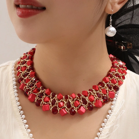 Handgefertigte Boho Gewebte Statement Halskette Für Damen Legierung Türkis Glas Harz Perlen Mehrlagig Vintage Party Schmuck