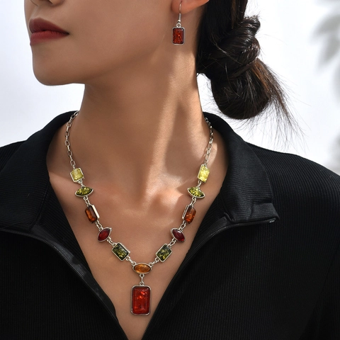 Collana E Orecchini Boho Vintage Lega Resina Colorata Gioielli Geometrici Accessorio Moda Donna