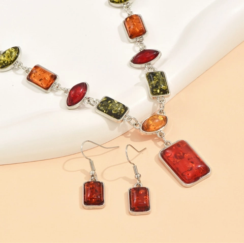Collana E Orecchini Boho Vintage Lega Resina Colorata Gioielli Geometrici Accessorio Moda Donna