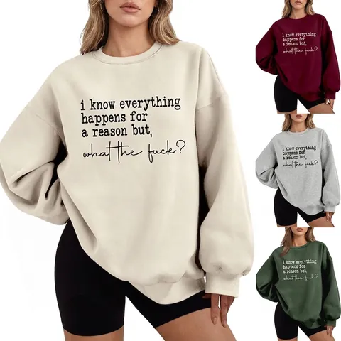 Felpa Da Donna Girocollo In Misto Cotone Maniche Lunghe Stampa Lettere Pullover Casuale Top Streetwear Vestibilità Ampia Spessa