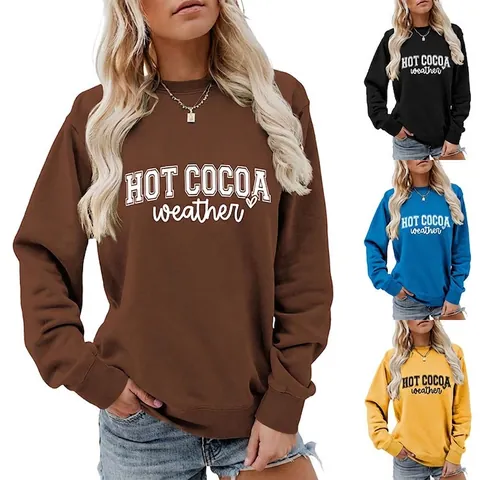 Felpa Da Donna Girocollo Maniche Lunghe Stampa Hot Cocoa Weather Pullover Misto Cotone Casual Invernale Top