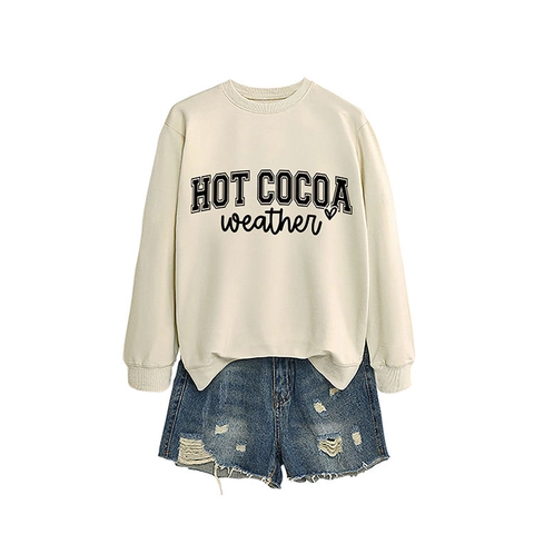 Felpa Da Donna Girocollo Maniche Lunghe Stampa Hot Cocoa Weather Pullover Misto Cotone Casual Invernale Top