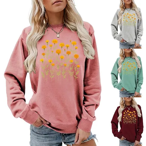 Sweatshirt Femme Imprimé Fleur De Souci Col Rond Manches Longues Mélange Coton Décontracté Pull Ample Motif Floral