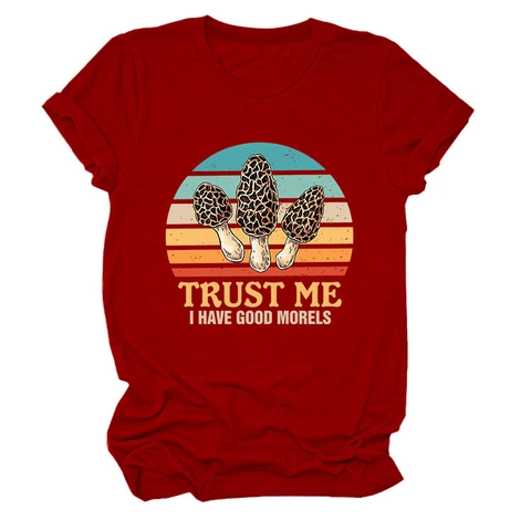 Funny Morel Mushroom T Shirt Women Retro Sunset Graphic Short Sleeve Crew Neck Cotton Blend Summer Casual Top Slogan Print