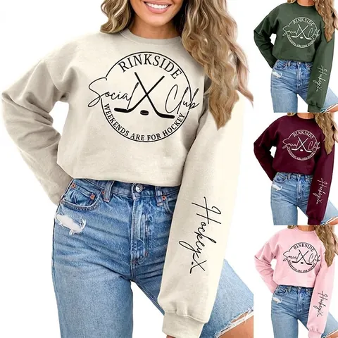 Sudadera de Cuello Redondo para Mujer con Estampado de Hockey Rinkside Social Club Manga Larga Casual Mezcla de Algodón