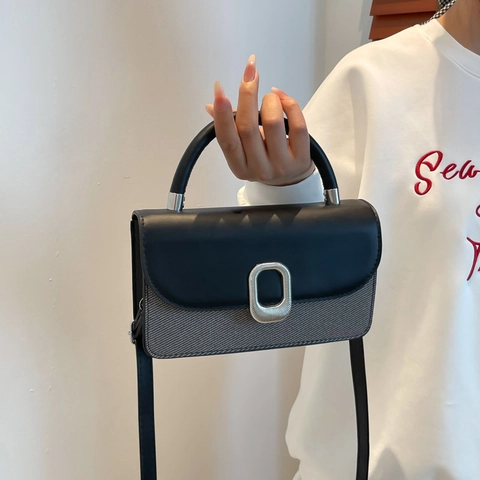 Borsa Donna Retro Patchwork Pelle PU Intrecciata Piccola Quadrata Moda Manico Superiore Tracolla Con Fibbia Metallo Ovale