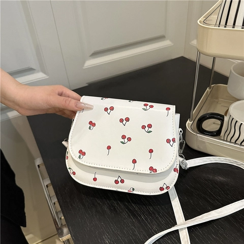 Borsa A Tracolla Con Stampa Ciliegia Pelle PU Patta Piccola Moda Borsa Da Spalla Per Donna