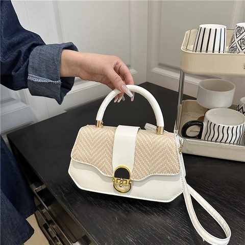 Vrouwen Elegante PU Leer Geweven Patchwork Crossbody Tas Handtas Kleine Vierkante Schoudertas Met Gouden Metalen Slot