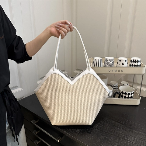 Damen Gewebte Stroh Tote Bag Große Kapazität V-Ausschnitt Schultertasche Für Sommer Strandurlaub Lässige Pendler Handtasche