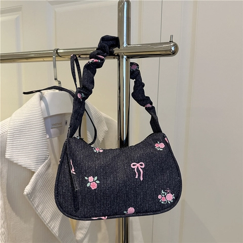 Women Underarm Bag Denim Floral Rose Embroidery Bow Decor Pleated Scrunchie Strap Retro Sweet Aesthetic Shoulder Handbag