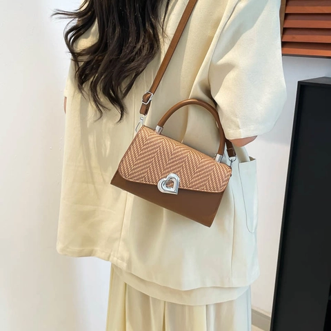 Borsa a Tracolla da Donna in Pelle PU Patchwork con Trama Intrecciata Chiusura a Cuore Piccola Borsa Quadrata Borsa a Mano Moda