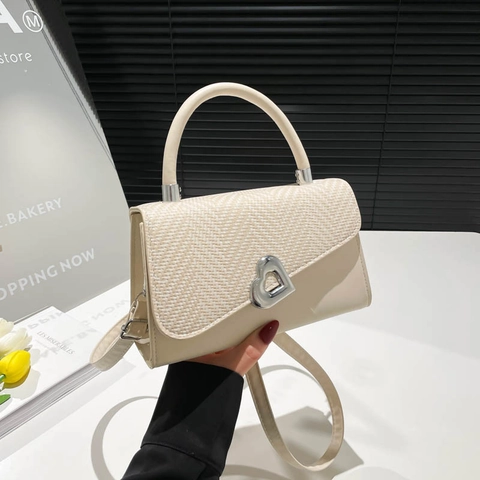 Women's Heart Buckle Crossbody Bag PU Leather Woven Patchwork Small Square Handbag With Adjustable Shoulder Strap Summer Fashion Bag