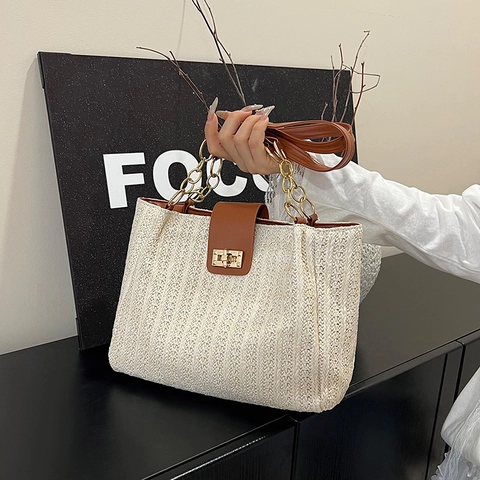 Sac Cabas en Paille Tissée pour Femmes Grande Capacité Sac à Épaule Décontracté Été Plage Vacances Main Avec Bordure en PU