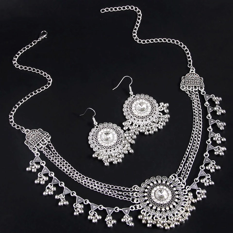 Joyas Bohemio Étnico Aleación Piedra Sintética Collar Multicapa Y Pendientes Con Borlas Vintage Estilo Gipsy Mujer