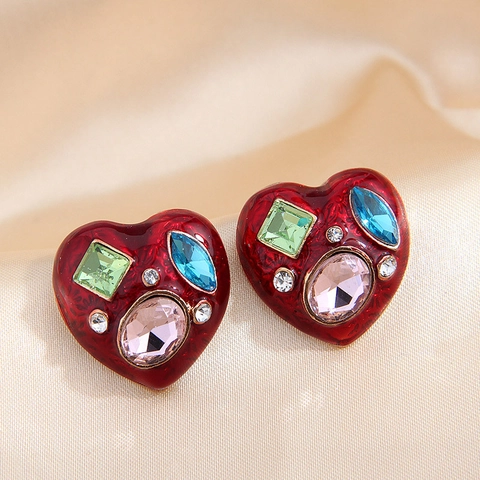 Vintage Alloy Heart Stud Earrings Enamel Drip Oil With Rhinestones Contrast Color Elegant For Women Girls Fashion Jewelry