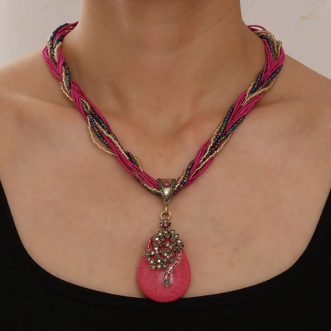 Vintage Bohemian Ethnische Tränenanhänger Halskette Für Frauen Hohlblume Legierung Kunststein Geflochtenes Seil Bunter Schmuck