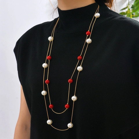 Collier Long Multi Rangs Élégant En Alliage Avec Künstliche Perles Imitation Chaîne Pull Simple Pour Femme Bijou Chic