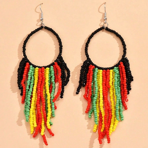 Bohemian Beaded Tassel Earrings Ethnic Hoop Seed Bead Jewelry For Women Colorful Fringe Drop Dangle Accessory