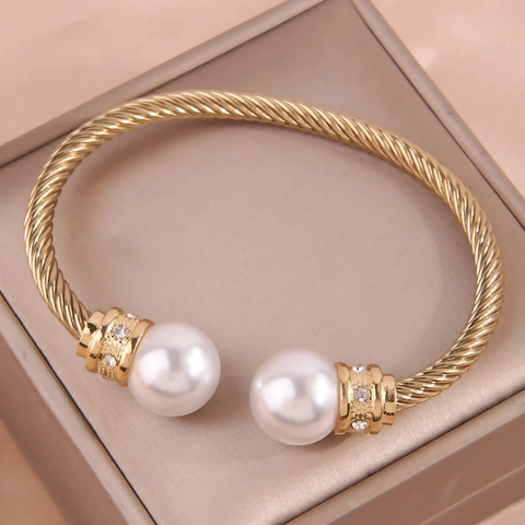 Elegante Bracciale Rigido in Lega con Künstliche Perle e Strass per Donna Bracciale Aperto a Corda Intrecciata per Gioielli Moda
