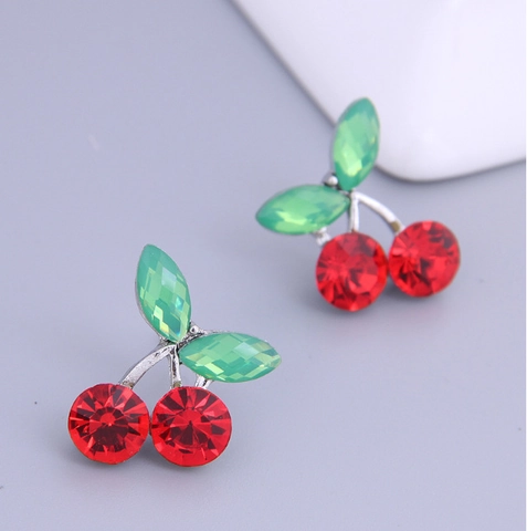 Kirschen Ohrstecker Legierung Rot Grün Strass Fruchtform Süß Elegant Schmuck Für Damen