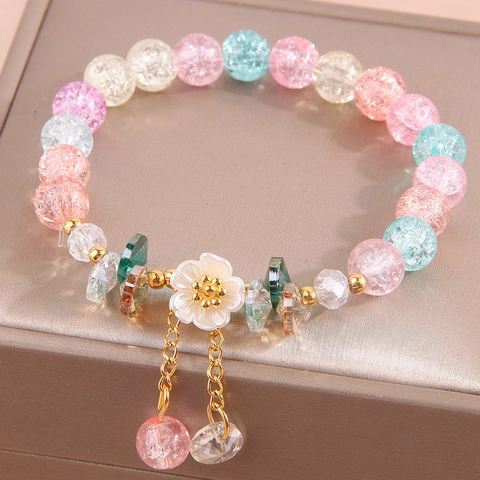 Women Beaded Bracelet Alloy Cracked Glass Beads White Flower Charm Gold Tassels Sweet Elegant Fashion Jewelry Accessory