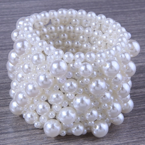 Wide Elastic Artificial Pearl Bracelet Hand Woven Multi Layer Faux Artificial Pearls Elegant Retro Jewelry Accessory For Women White