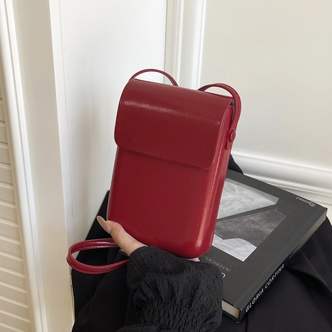 Minimalistische PU Leder Vertikale Handytasche Damen Einfarbig Vintage Kleine Quadratische Umhängetasche Verstellbar