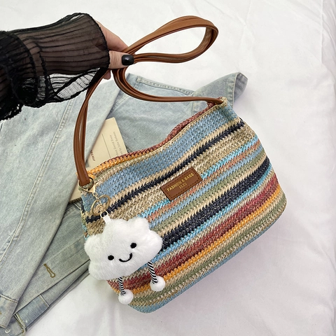 Women Striped Straw Woven Shoulder Bag Bohemian Summer Beach Vacation Bucket Bag With Cloud Pendant Casual Slouchy Tote