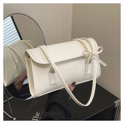 Bolso De Hombro Con Lazo Cuero PU Estilo Balletcore Francés Bolso Baguette De Axila Para Mujer Elegante