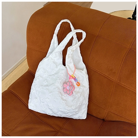 Women Floral Lace Tote Bag 3D Flower Embossed Shoulder Bag Casual Versatile Fairy Literary Handbag With Pendant Fashion Accessory