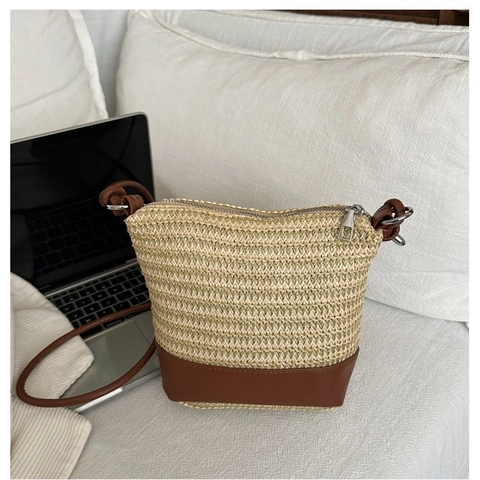 Damen Stroh Eimer Tasche Sommer Strand Urlaub PU Leder Patchwork Umhängetasche Lässig Reißverschluss