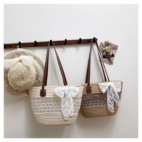 Sac à Main Tissé Femme Grande Capacité Avec Nœud en Dentelle Perle Artificielle Blanc Cassé Pois Colorés Sac à Bandoulière en Paille pour Vacances