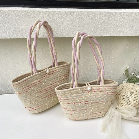 Women Beach Vacation Woven Handbag Cotton Rope Bucket Bag With White Lace Bow Artificial Pearl Buckle Polka Dot Summer Straw Bag