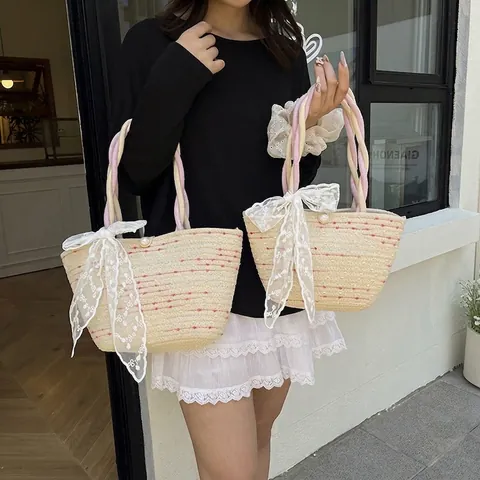 Sac à Épaule Tissé en Paille pour Femmes Doux Nœud en Dentelle Motif à Pois Ornement Perle Tote Décontracté Vacances Plage