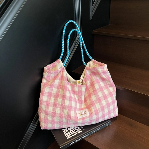 Gingham Canvas Tote Bag Large Capacity Checkerboard Handbag With Rope Handle Korean Style Shoulder Bag For Women