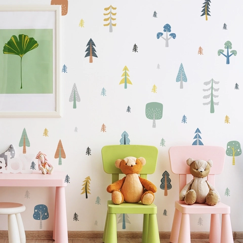 Cartoon Forest Tree Wall Stickers PVC Nordic Style Morandi Color Decoration For Kids Nursery Bedroom