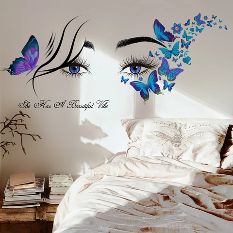 Women Eyes Eyelashes Wall Sticker With Blue Purple Butterflies Quote Inscription Artistic PVC Removable Mural For Bedroom Home Decor