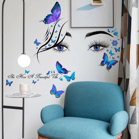 Women Eyes Eyelashes Wall Sticker With Blue Purple Butterflies Quote Inscription Artistic PVC Removable Mural For Bedroom Home Decor
