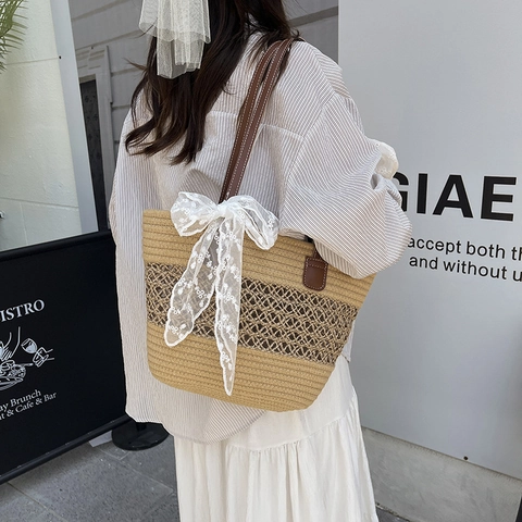 Damen Casual Gewebte Tote Bag Hohl Stroh Stil Schultertasche Mit Spitzenschleife Kunstleder Griff Urlaub Strandtasche