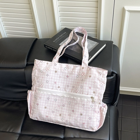 Sac Cabas À Carreaux Polyester Imprimé Étoiles Poche Avant Transparente Sac À Épaule Japonais Pour Étudiants Quotidien