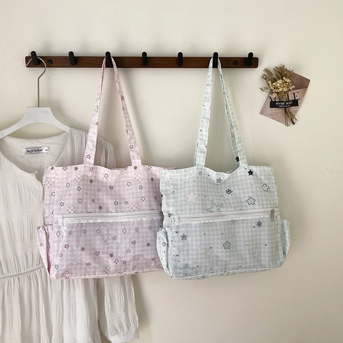 Sac Cabas À Carreaux Polyester Imprimé Étoiles Poche Avant Transparente Sac À Épaule Japonais Pour Étudiants Quotidien