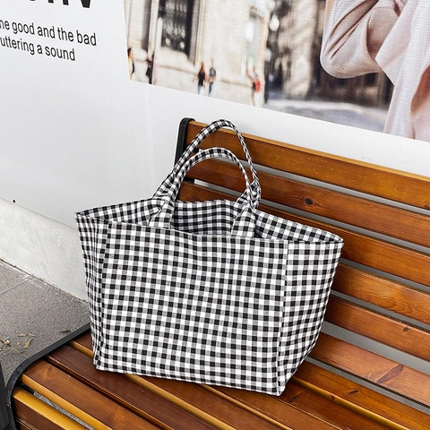 Damen Große Kapazität Leinwand Gingham Karo Tragetasche Lässig Künstlerisch Offene Schulter Einkaufstasche Mode Strand Handtasche Reiseorganisator