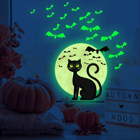 Adesivi Murali Halloween Luminosi Al Buio PVC Decalcomanie Gatto Nero Luna Pipistrelli Autoadesivo Decorazione Stanza