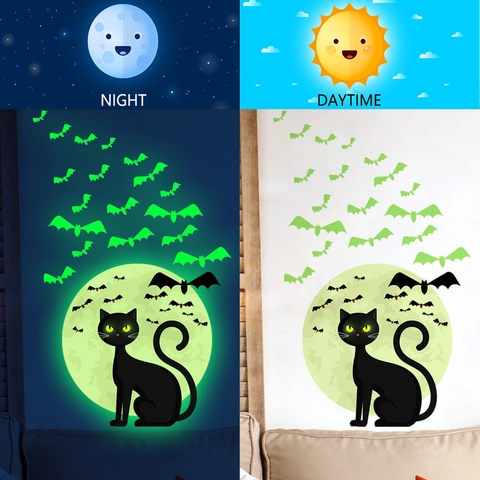 Adesivi Murali Halloween Luminosi Al Buio PVC Decalcomanie Gatto Nero Luna Pipistrelli Autoadesivo Decorazione Stanza