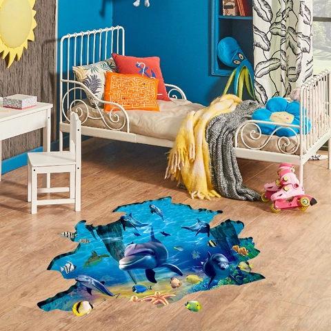 3D Ozean Welt Delfin Wandaufkleber Abnehmbare PVC Wasserdichte Bodenaufkleber Für Kinderzimmer Badezimmer Dekor Unterwasser Thema